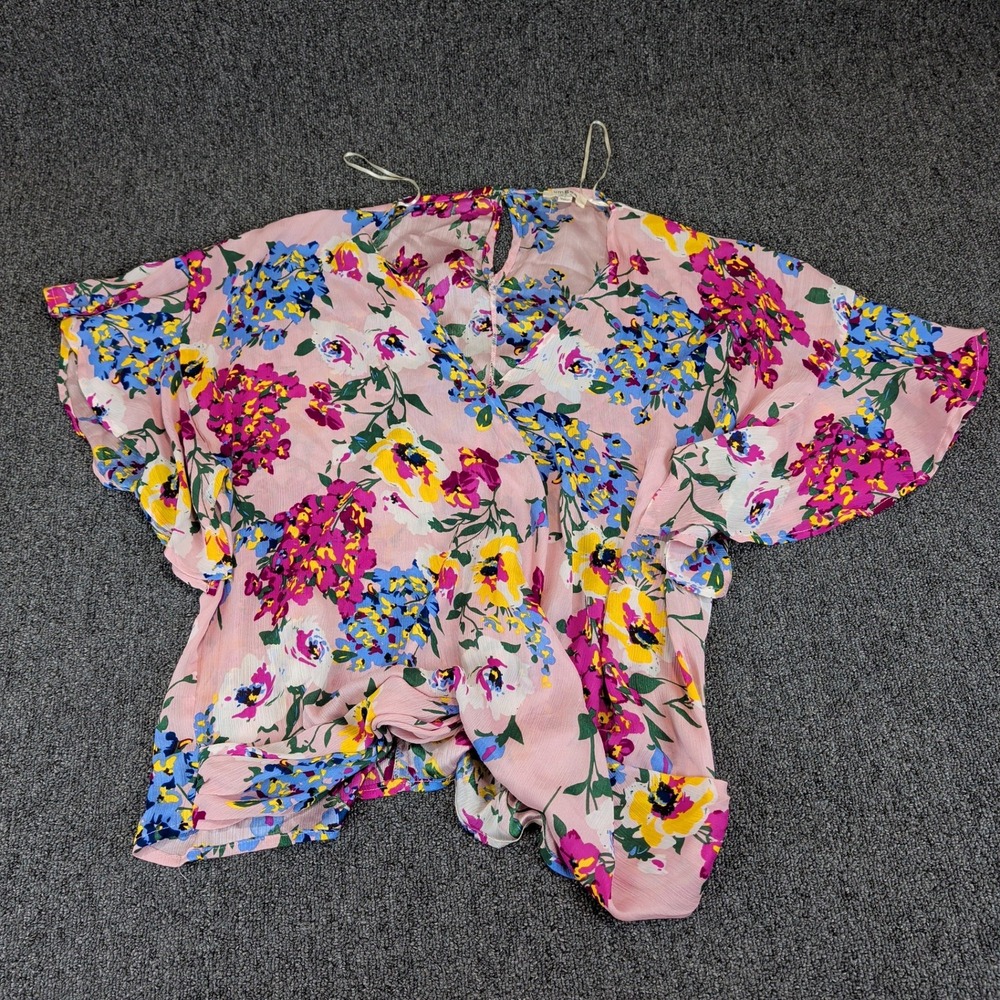 Umgee Womens Floral Flutter Sleeve‎ Blouse L Pink Polyester Boho Keyhole L5791